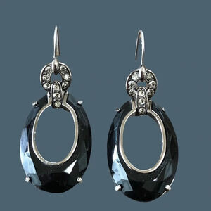 Monet Black Faceted Oval Drop Dangly Earrings Crystal Accents Wires Vintage